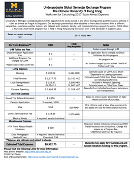 Undergraduate Global Semester Exchange Program the Chinese University of Hong Kong Worksheet for Calculating 2017 Study Abroad Expenses