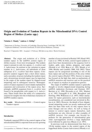 Origin and Evolution of Tandem Repeats in the Mitochondrial DNA Control Region of Shrikes (Lanius Spp.)
