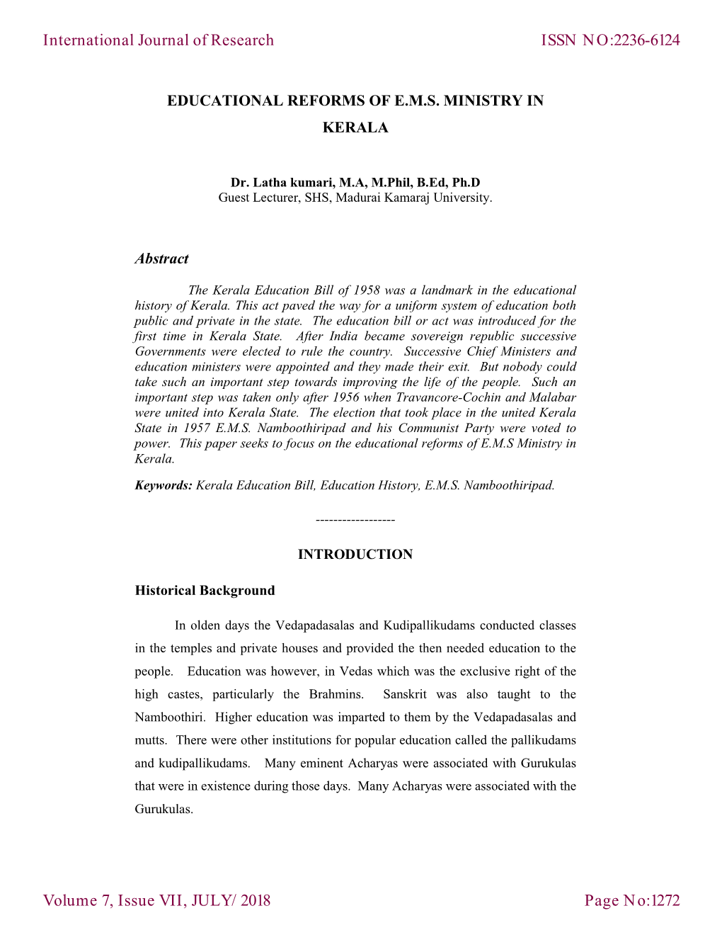 Educational Reforms of E.M.S. Ministry in Kerala