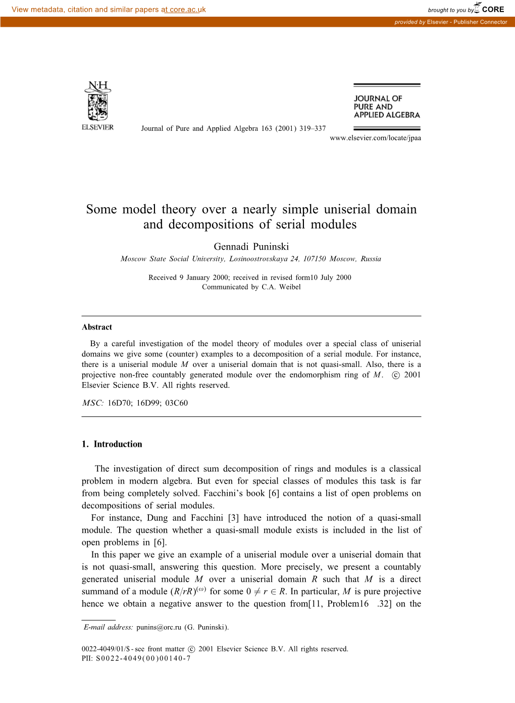 Some Model Theory Over a Nearly Simple Uniserial Domain and Decompositions of Serial Modules