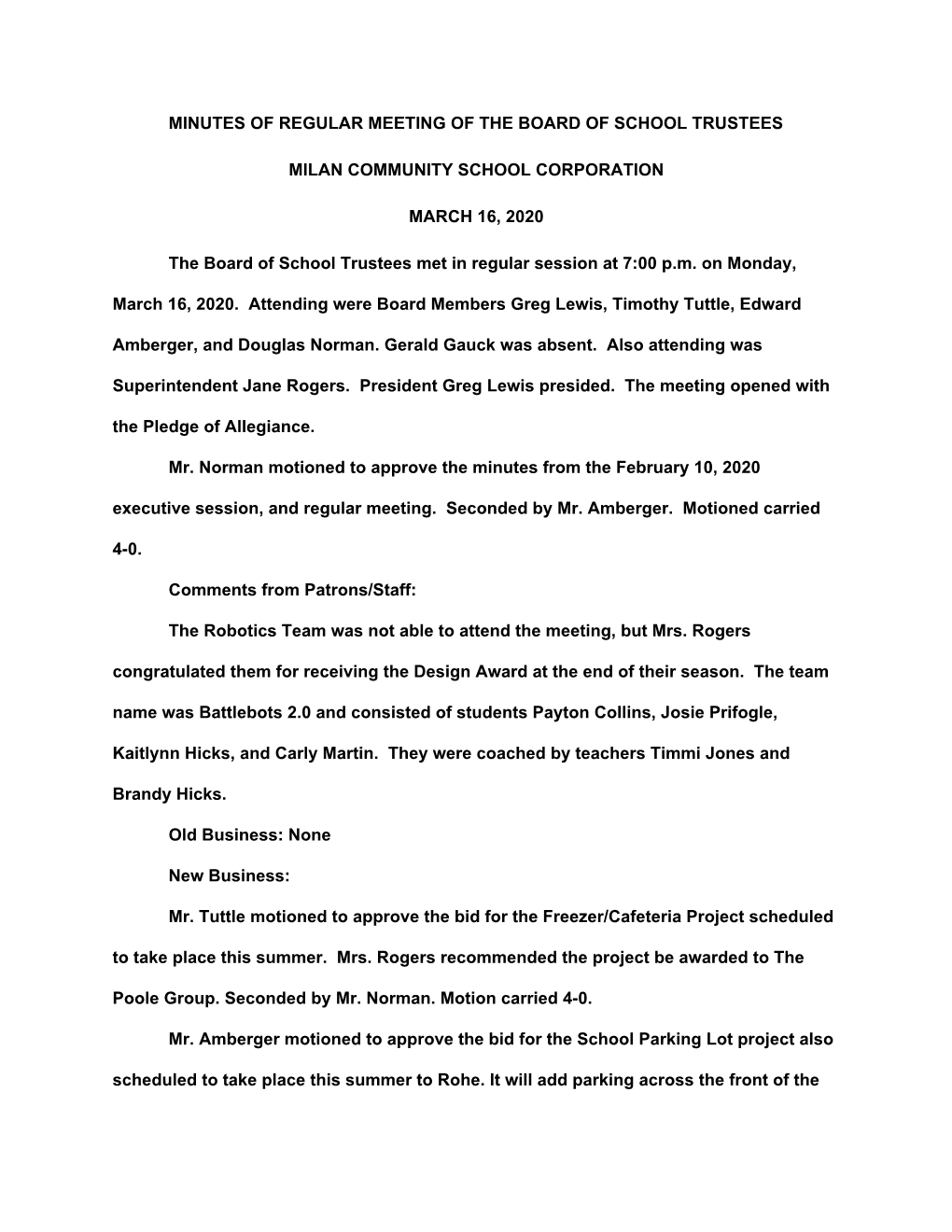 Minutes of Regular Meeting of the Board of School Trustees