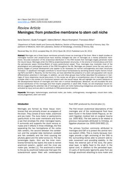 Review Article Meninges: from Protective Membrane to Stem Cell Niche