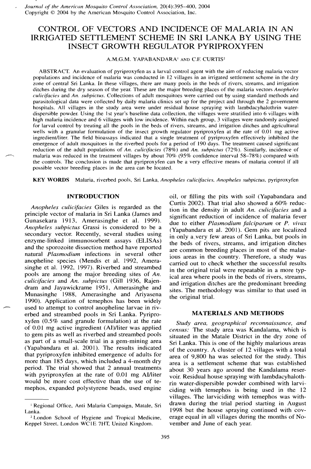 Control of Vectors and Incidence of Malaria in an Irrigated Settlement Scheme in Sri Lanka by Using the Insect Growth Regulator Pyriproxyfen