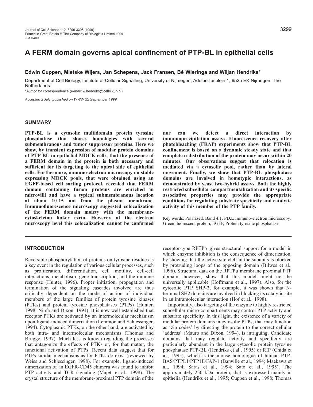 FERM Domain Mediates Apical Targeting of PTP-BL 3301 and Incubating for 30 Minutes at Room Temperature