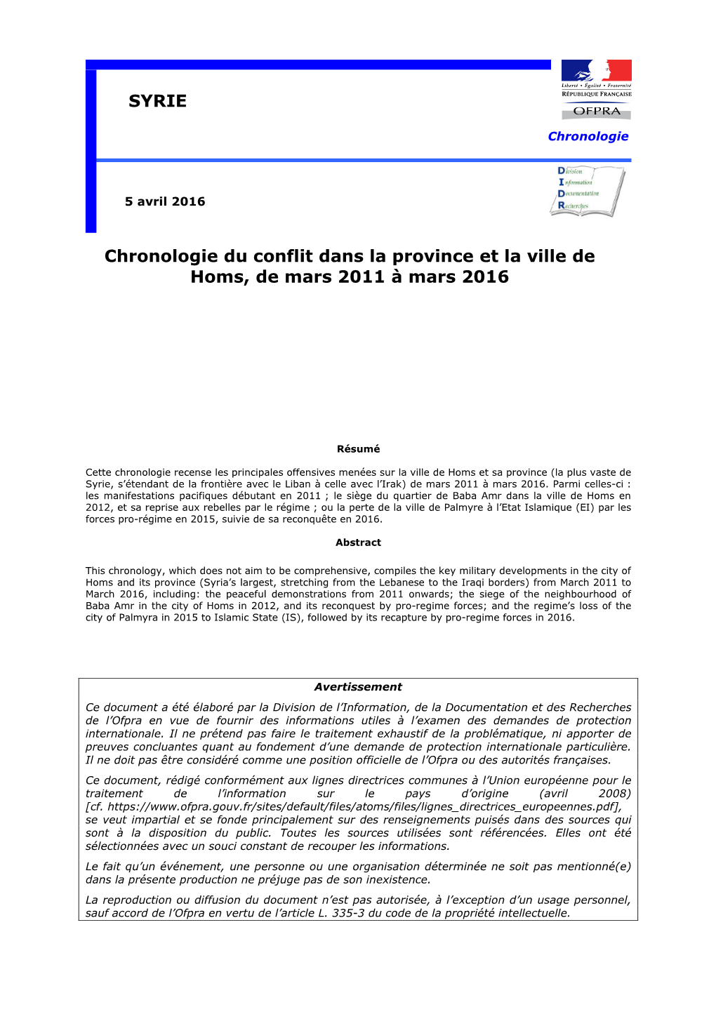 DIDR, Syrie : Chronologie Du Conflit Dans La Province Et La Ville De Homs