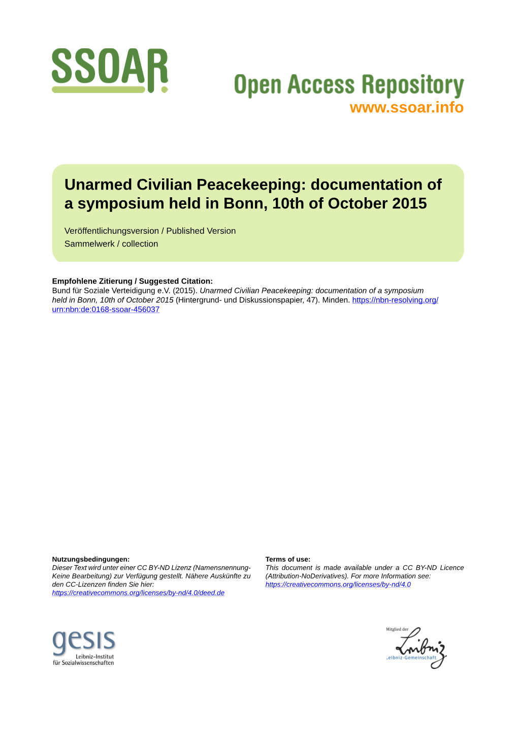 Unarmed Civilian Peacekeeping: Documentation of a Symposium Held in Bonn, 10Th of October 2015