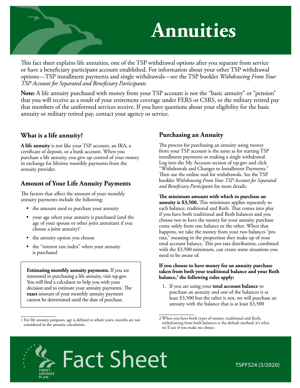 Fact Sheet Explains Life Annuities, One of the TSP Withdrawal Options After You Separate from Service Or Have a Beneficiary Participant Account Established