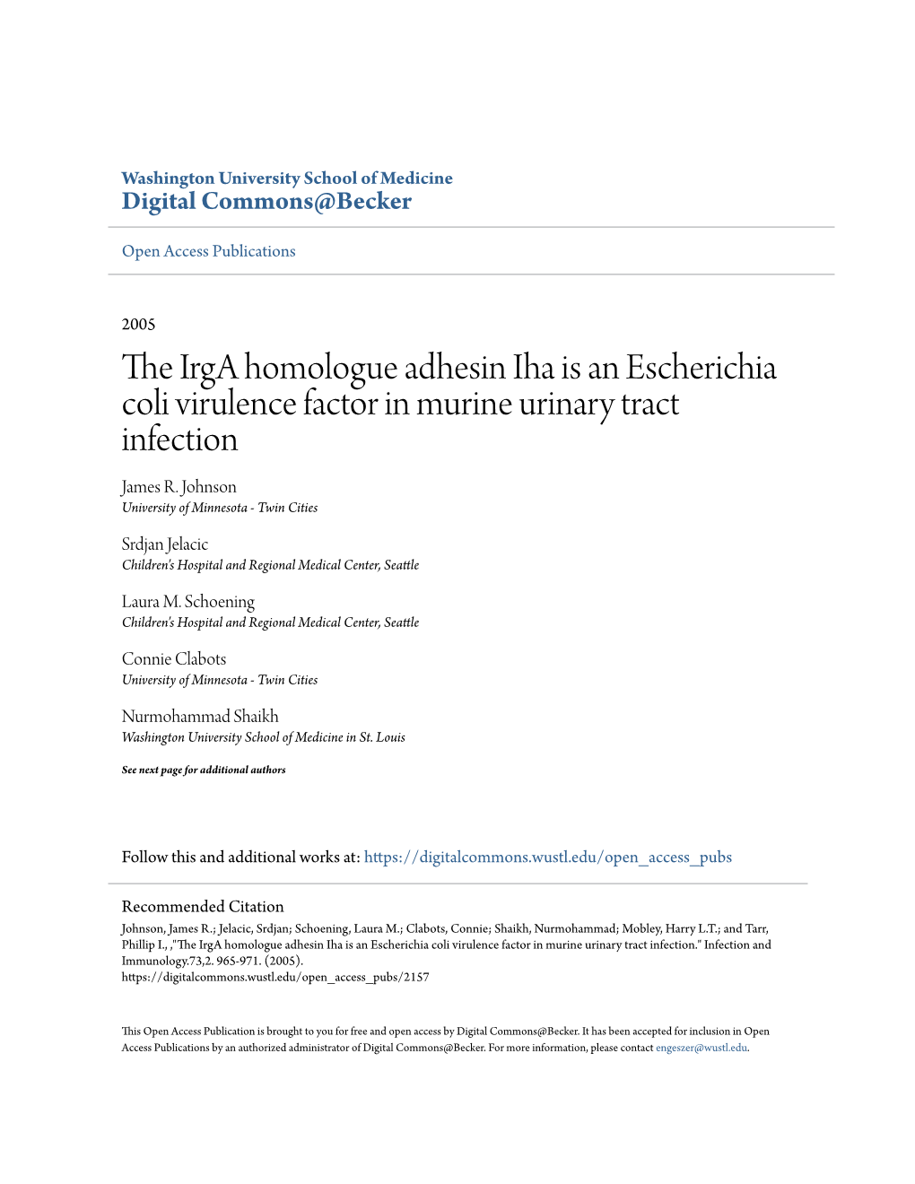 The Irga Homologue Adhesin Iha Is an Escherichia Coli Virulence Factor in Murine Urinary Tract Infection