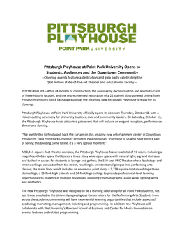 Pittsburgh Playhouse at Point Park University Opens to Students