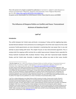 The Influence of Diaspora Politics on Conflict and Peace: Transnational Activism of Stateless Kurds1