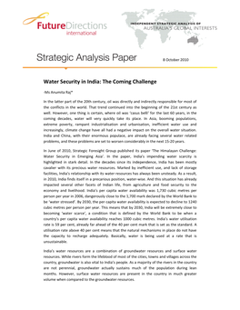 Water Security in India: the Coming Challenge