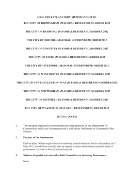 Explanatory Memorandum to the City of Manchester (Mayoral Referendum) Order 2012