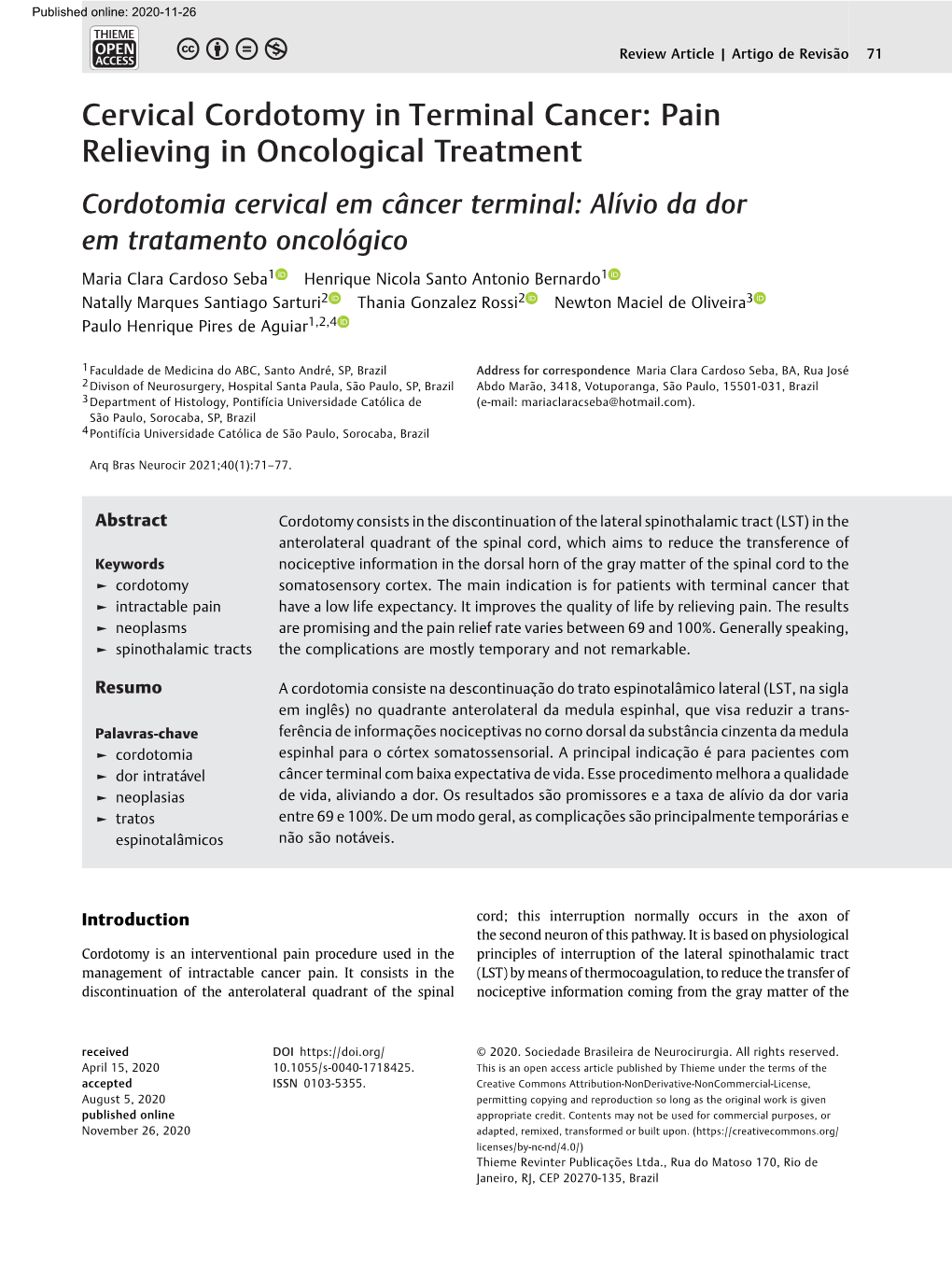 Cervical Cordotomy in Terminal Cancer