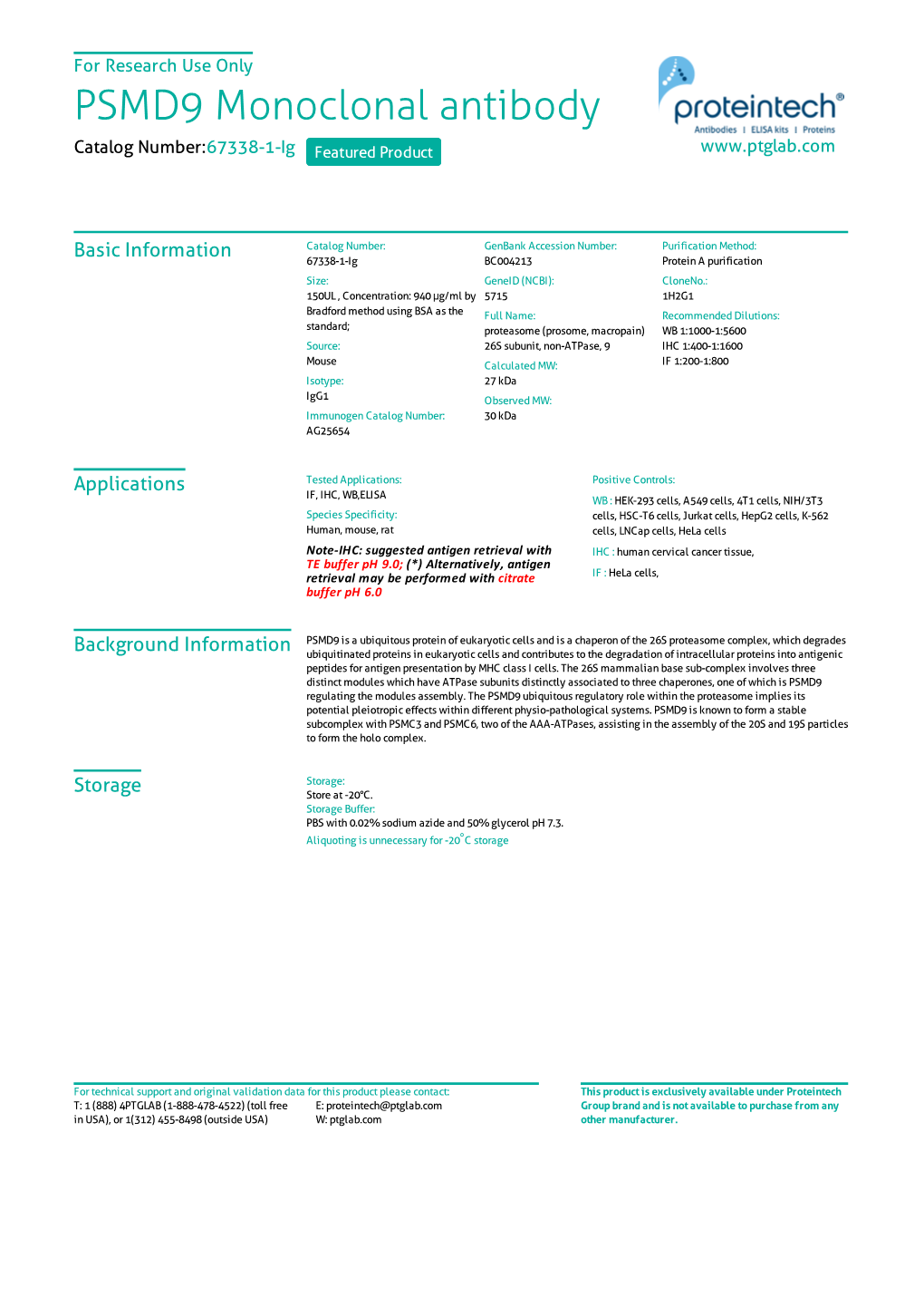 PSMD9 Monoclonal Antibody Catalog Number:67338-1-Ig Featured Product