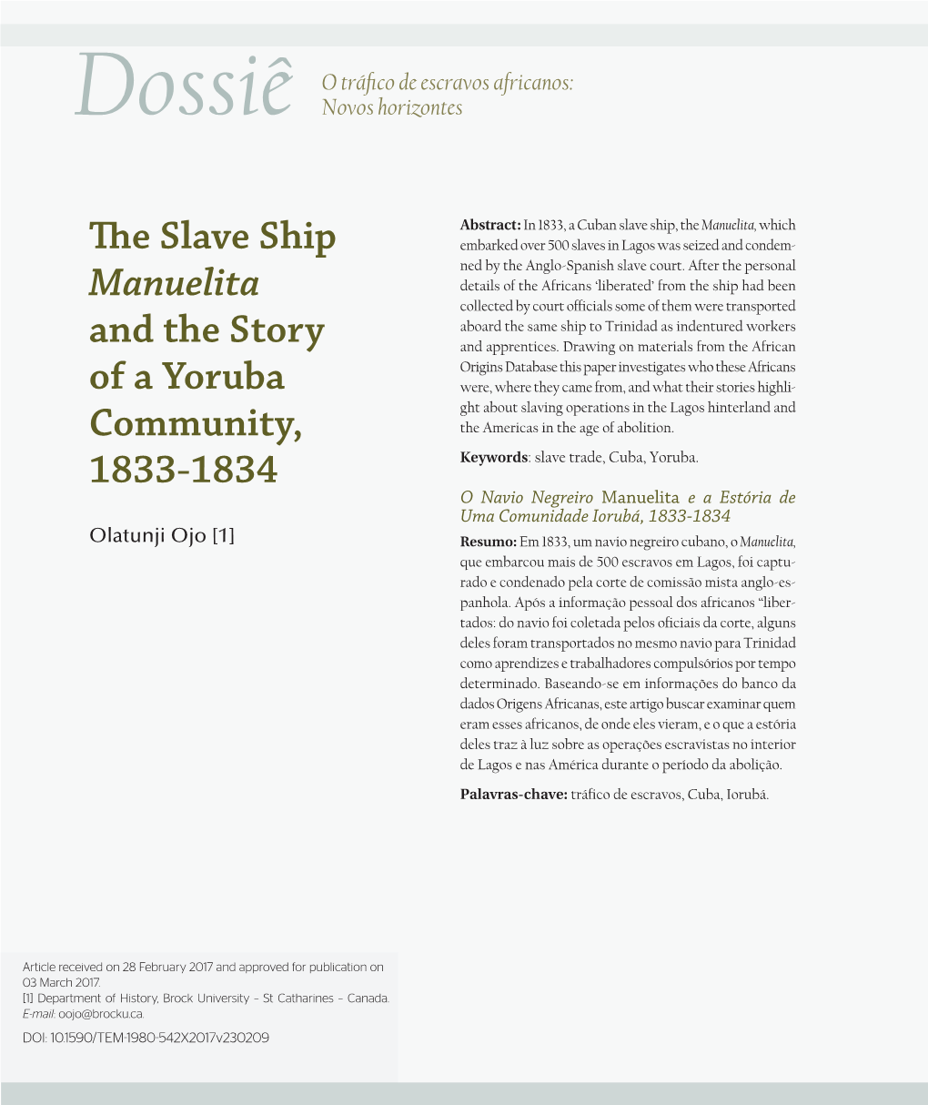 The Slave Ship Manuelita and the Story of a Yoruba