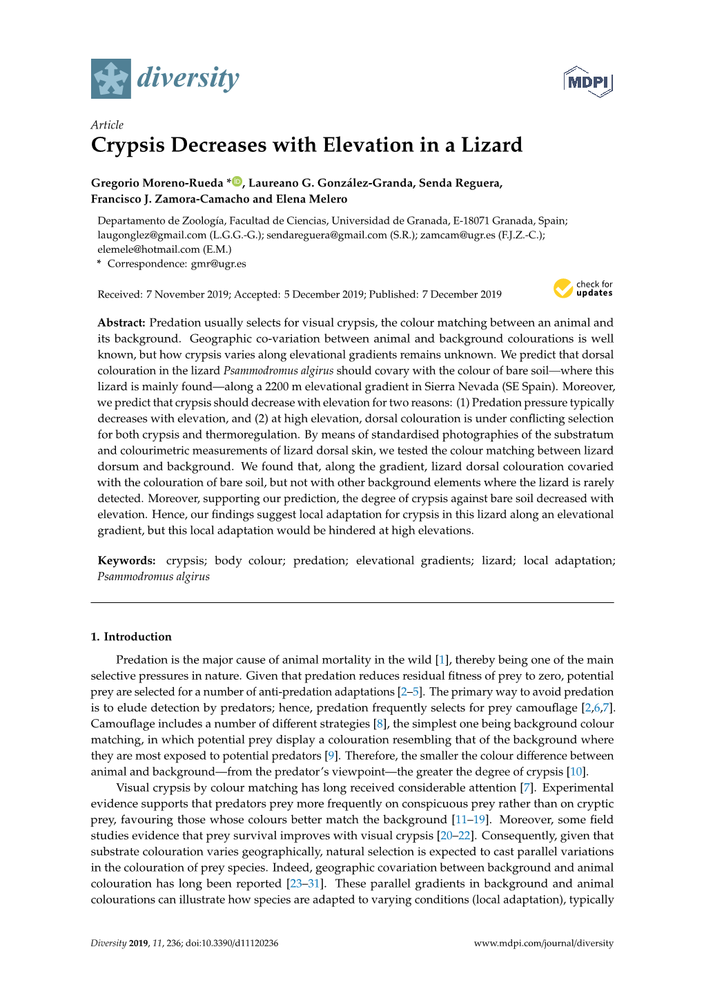 Crypsis Decreases with Elevation in a Lizard