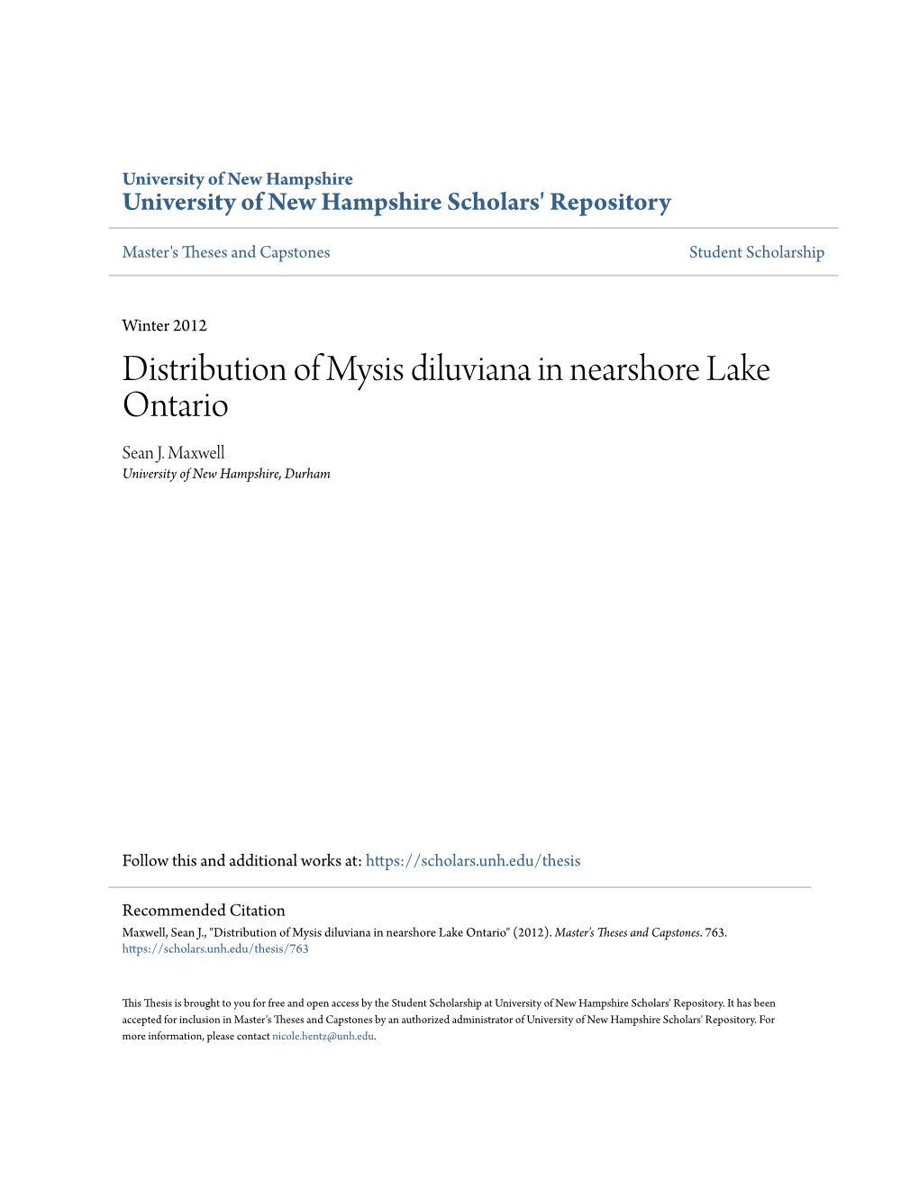 Distribution of Mysis Diluviana in Nearshore Lake Ontario Sean J