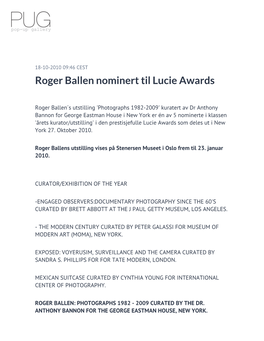 Roger Ballen Nominert Til Lucie Awards