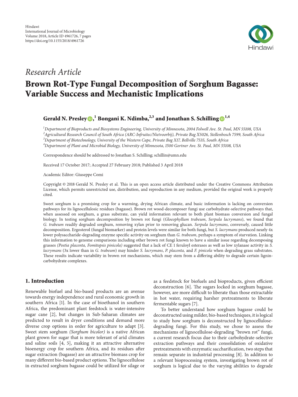 Research Article Brown Rot-Type Fungal Decomposition of Sorghum Bagasse: Variable Success and Mechanistic Implications