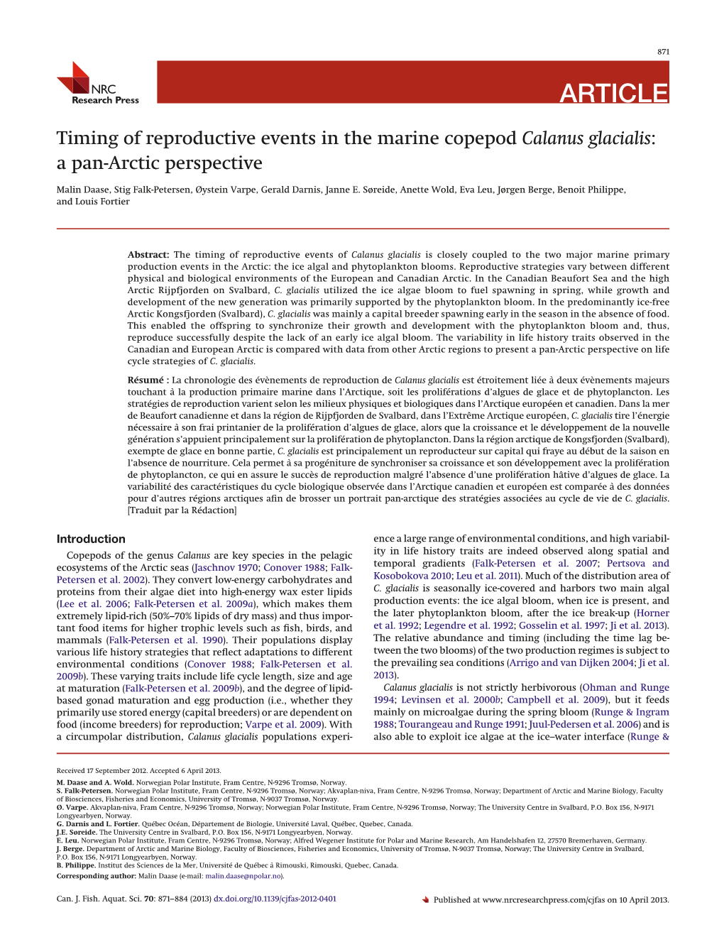 Timing of Reproductive Events in the Marine Copepod Calanus Glacialis: a Pan-Arctic Perspective