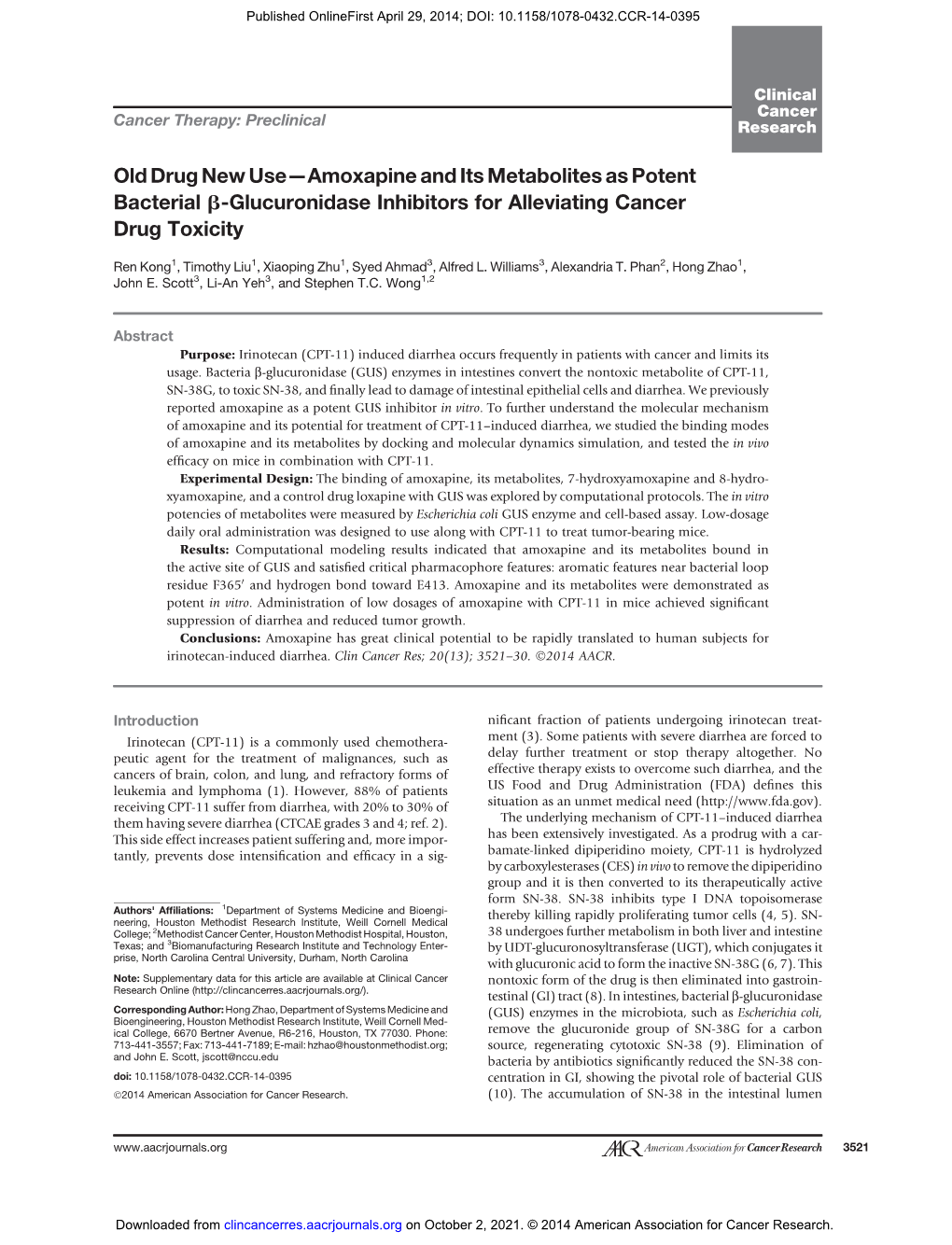 Old Drug New Use—Amoxapine and Its Metabolites As Potent Bacterial B-Glucuronidase Inhibitors for Alleviating Cancer Drug Toxicity