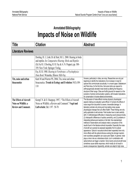 Impacts of Noise on Wildlife National Park Service Natural Sounds Program Center [Frank Turina and Jesse Barber]