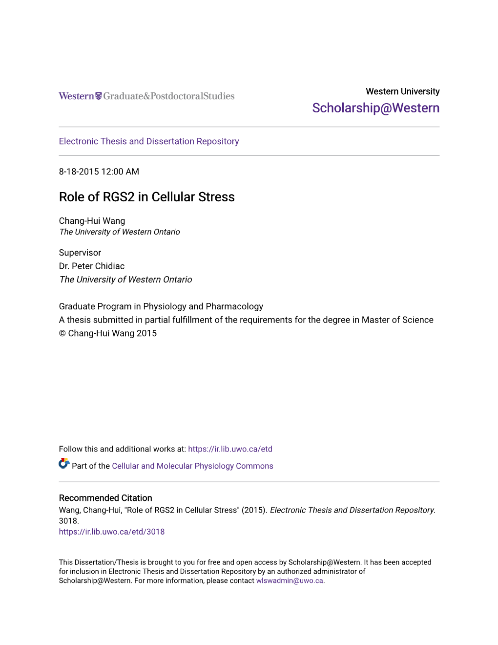 Role of RGS2 in Cellular Stress