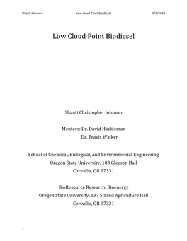 Low Cloud Point Biodiesel 9/4/2014