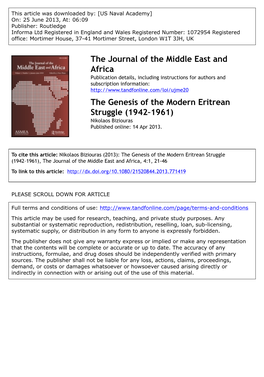 The Genesis of the Modern Eritrean Struggle (1942–1961) Nikolaos Biziouras Published Online: 14 Apr 2013