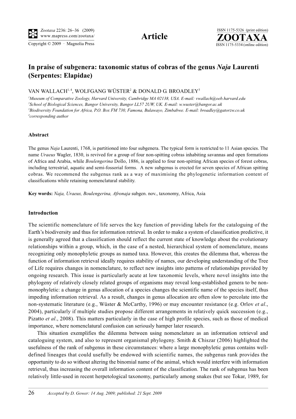 Taxonomic Status of Cobras of the Genus Naja Laurenti (Serpentes: Elapidae)