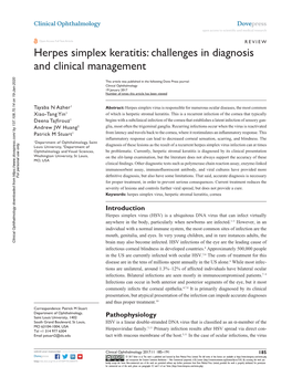 Herpes Simplex Keratitis: Challenges in Diagnosis and Clinical Management