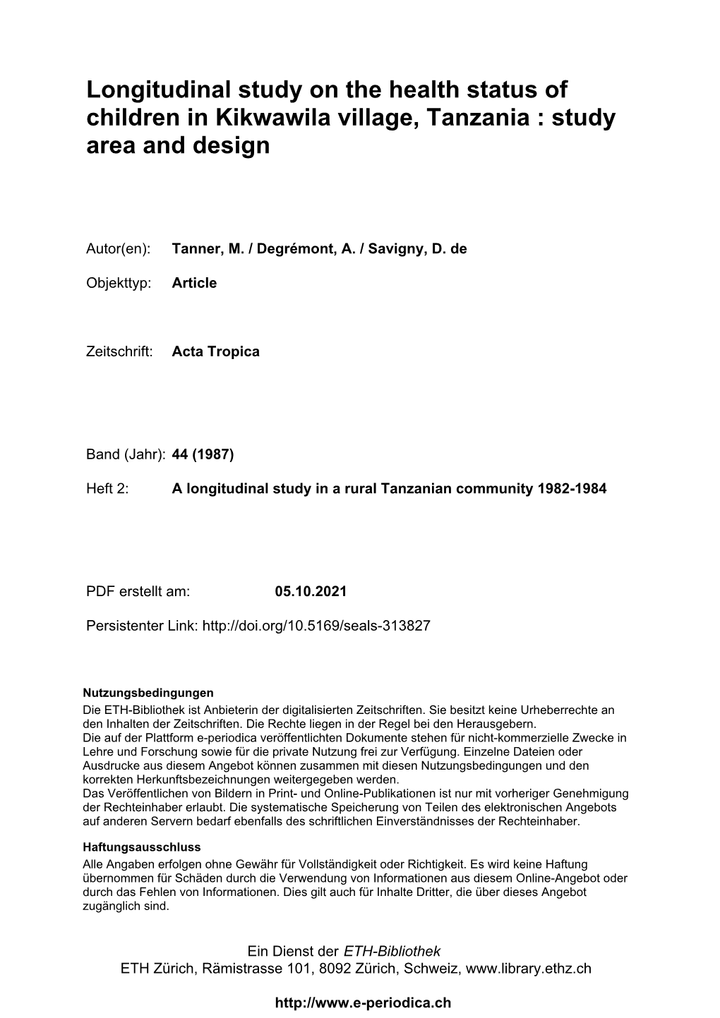 Longitudinal Study on the Health Status of Children in Kikwawila Village, Tanzania : Study Area and Design