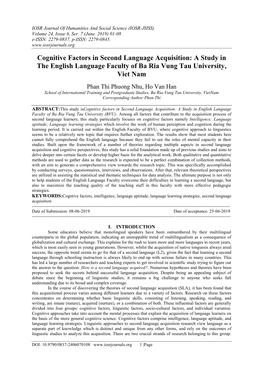 Cognitive Factors in Second Language Acquisition: a Study in the English Language Faculty of Ba Ria Vung Tau University, Viet Nam