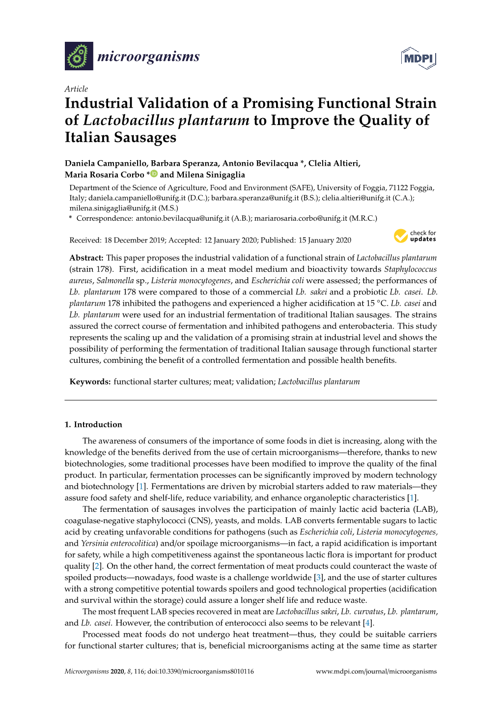 Industrial Validation of a Promising Functional Strain of Lactobacillus Plantarum to Improve the Quality of Italian Sausages
