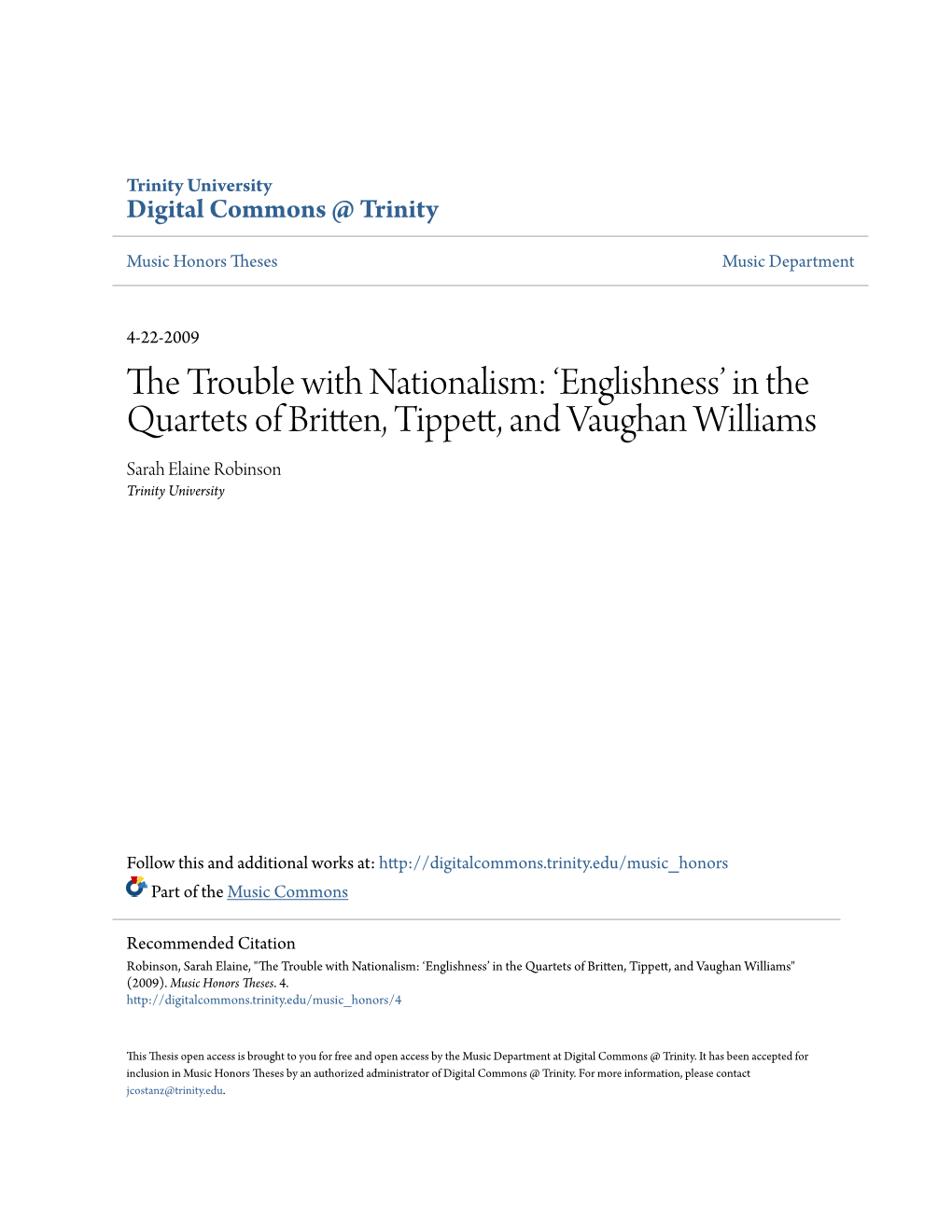 'Englishness' in the Quartets of Britten, Tippett, and Vaughan Williams