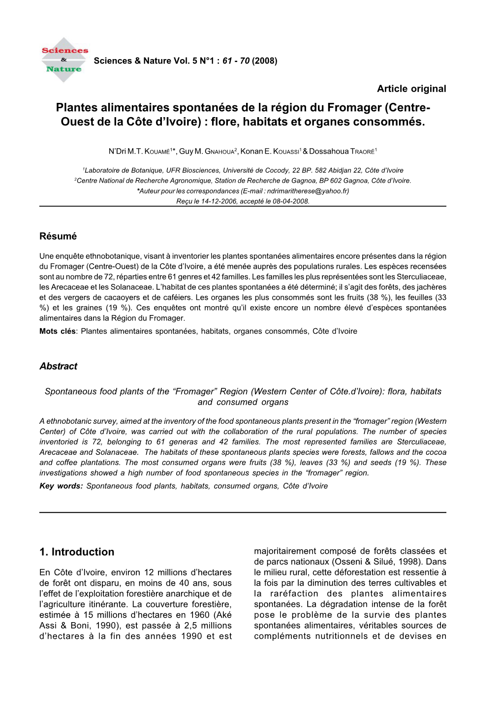 Plantes Alimentaires Spontanées De La Région Du Fromager (Centre- Ouest De La Côte D’Ivoire) : Flore, Habitats Et Organes Consommés