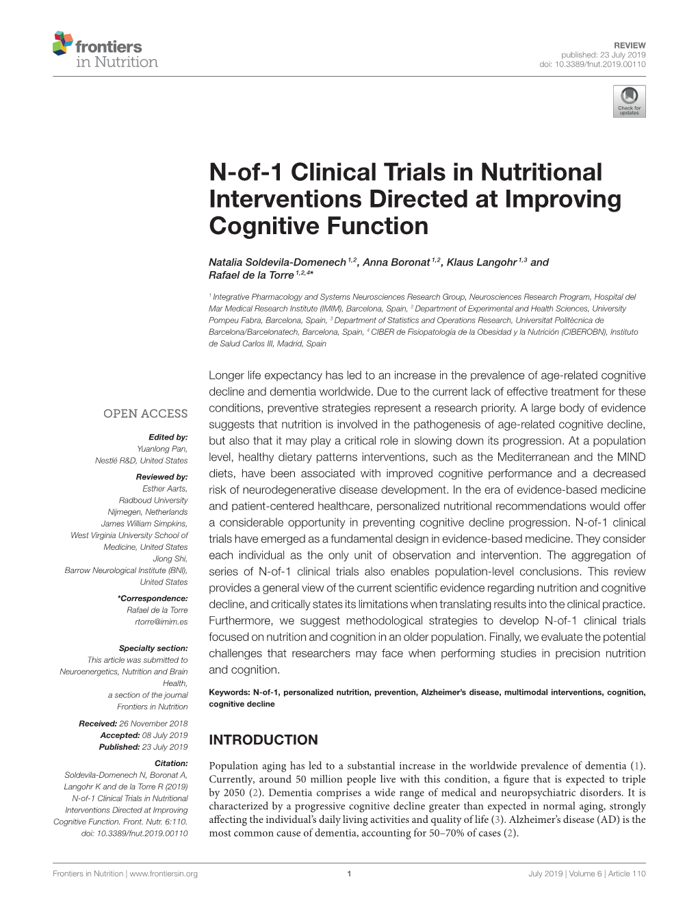 N-Of-1 Clinical Trials in Nutritional Interventions Directed at Improving Cognitive Function