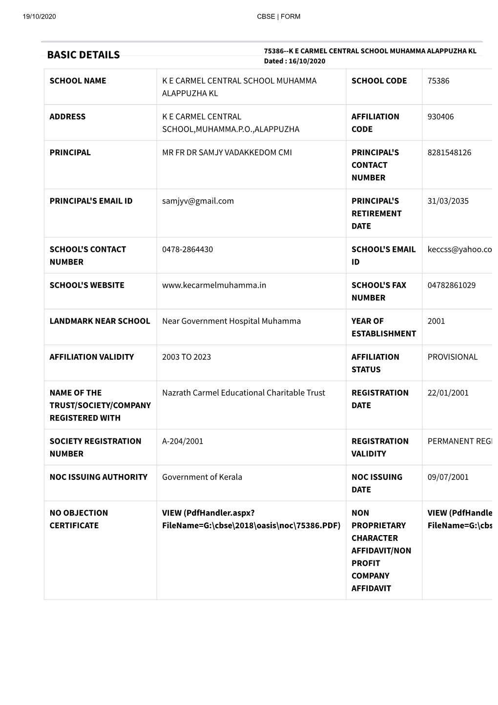 BASIC DETAILS 75386--K E CARMEL CENTRAL SCHOOL MUHAMMA ALAPPUZHA KL Dated : 16/10/2020