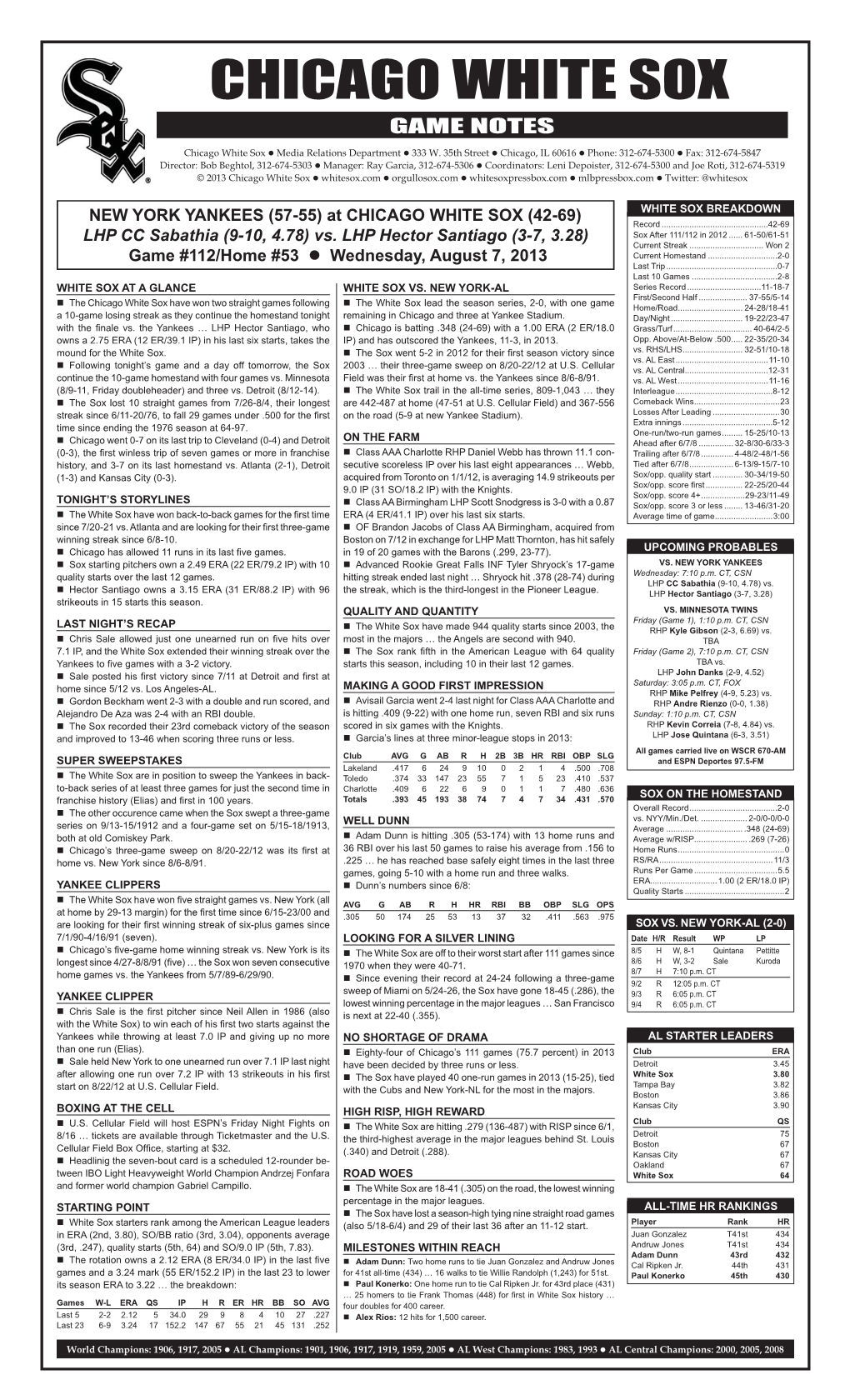 CHICAGO WHITE SOX GAME NOTES Chicago White Sox  Media Relations Departmentgame  333 W