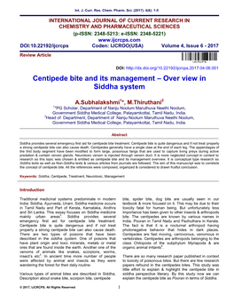 Centipede Bite and Its Management – Over View in Siddha System