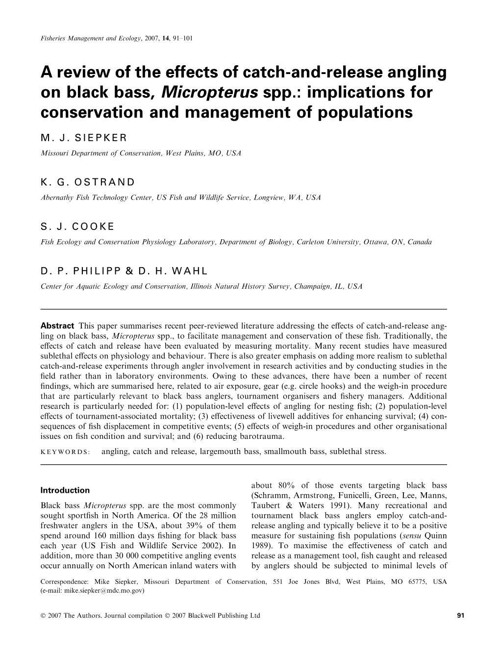 A Review of the Effects of Catch-And-Release Angling on Black Bass, Micropterus Spp.: Implications for Conservation and Management of Populations