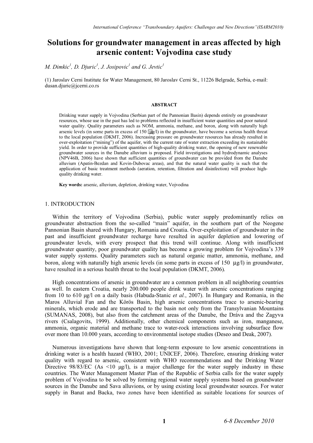 Solutions for Groundwater Management in Areas Affected by High Arsenic Content: Vojvodina Case Study