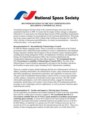 Recommendations to the Next Administration Regarding Commercial Space