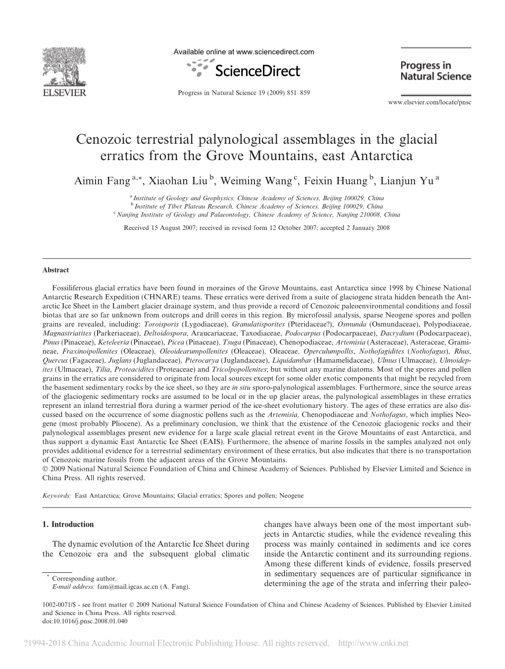 Cenozoic Terrestrial Palynological Assemblages in the Glacial Erratics from the Grove Mountains, East Antarctica