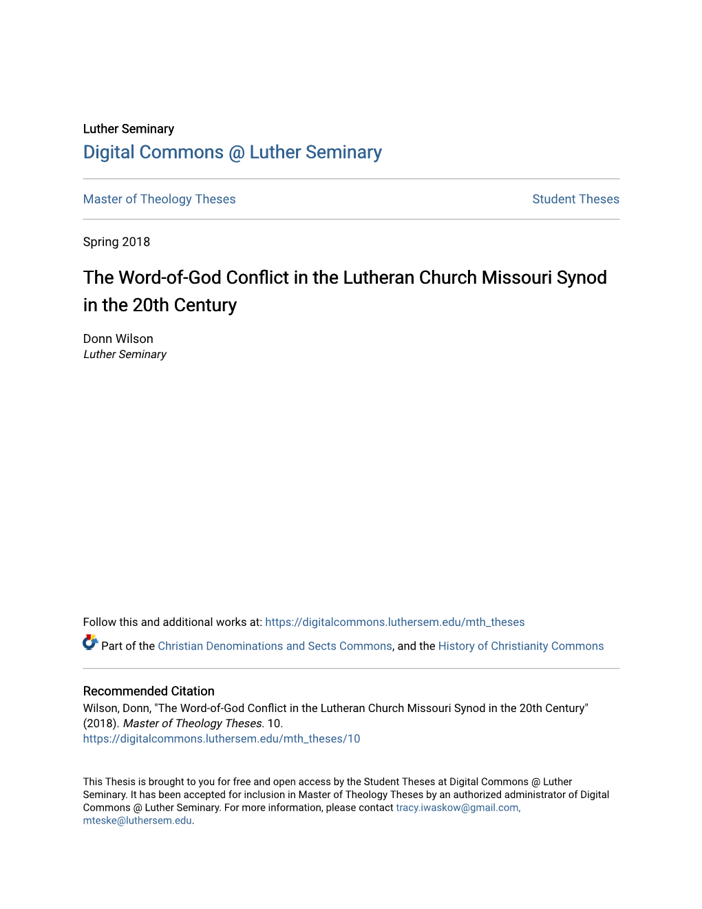 The Word-Of-God Conflict in the Lutheran Church Missouri Synod in the 20Th Century