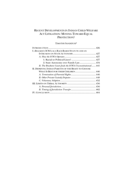 Recent Developments in Indian Child Welfare Act Litigation: Moving Toward Equal Protection?