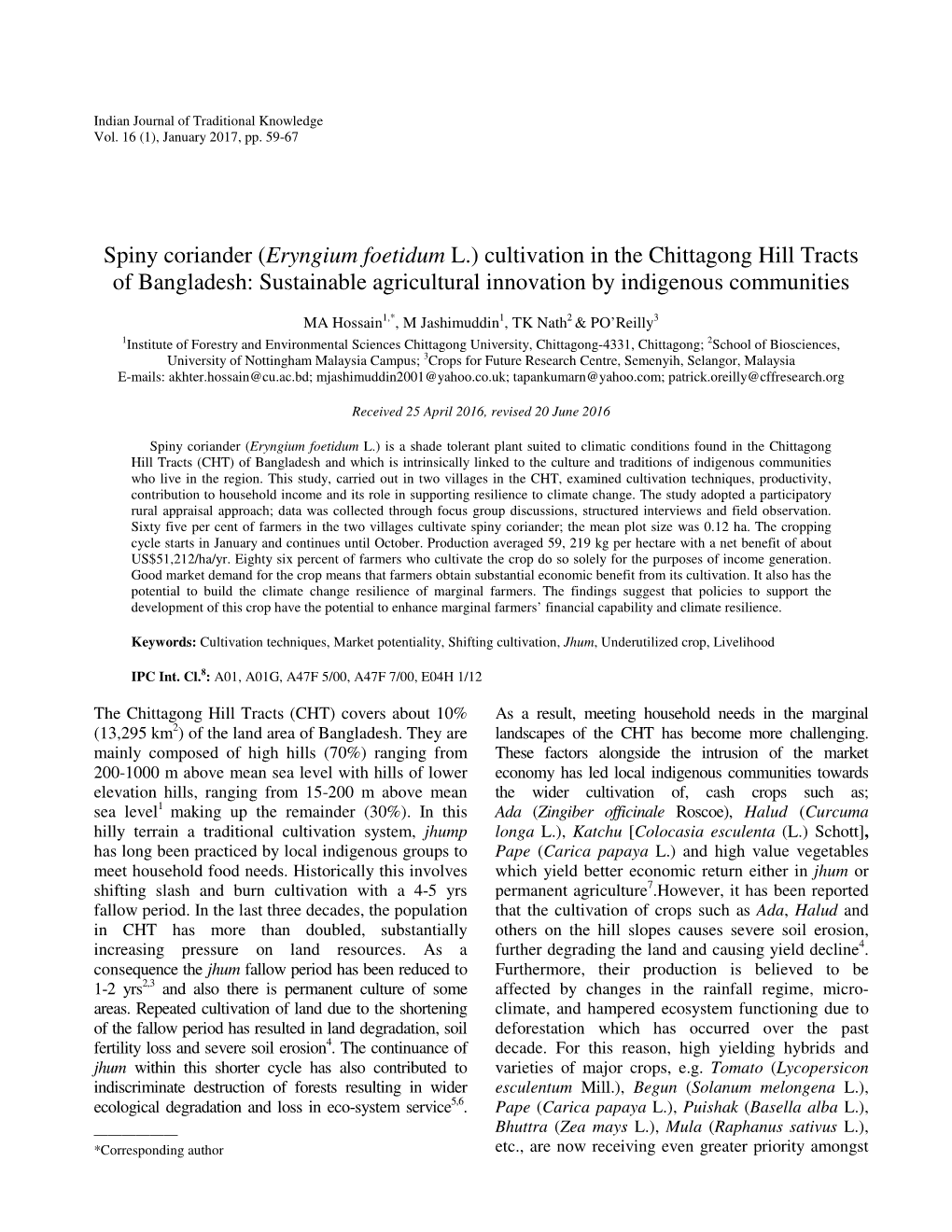 Spiny Coriander (Eryngium Foetidum L.) Cultivation in the Chittagong Hill Tracts of Bangladesh: Sustainable Agricultural Innovation by Indigenous Communities