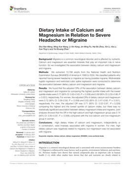 Dietary Intake of Calcium and Magnesium in Relation to Severe Headache Or Migraine
