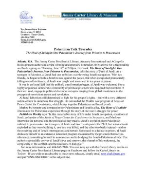 Palestinian Talk Thursday the Hour of Sunlight: One Palestinian's Journey from Prisoner to Peacemaker