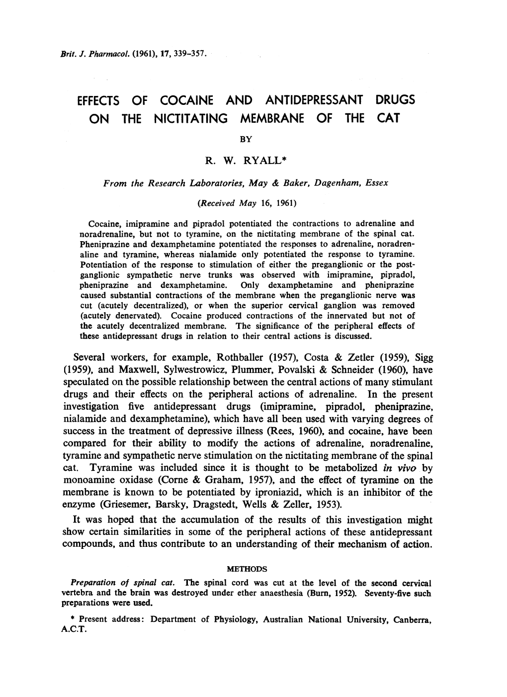 Effects of Cocaine and Antidepressant Drugs on the Nictitating Membrane of the Cat by R